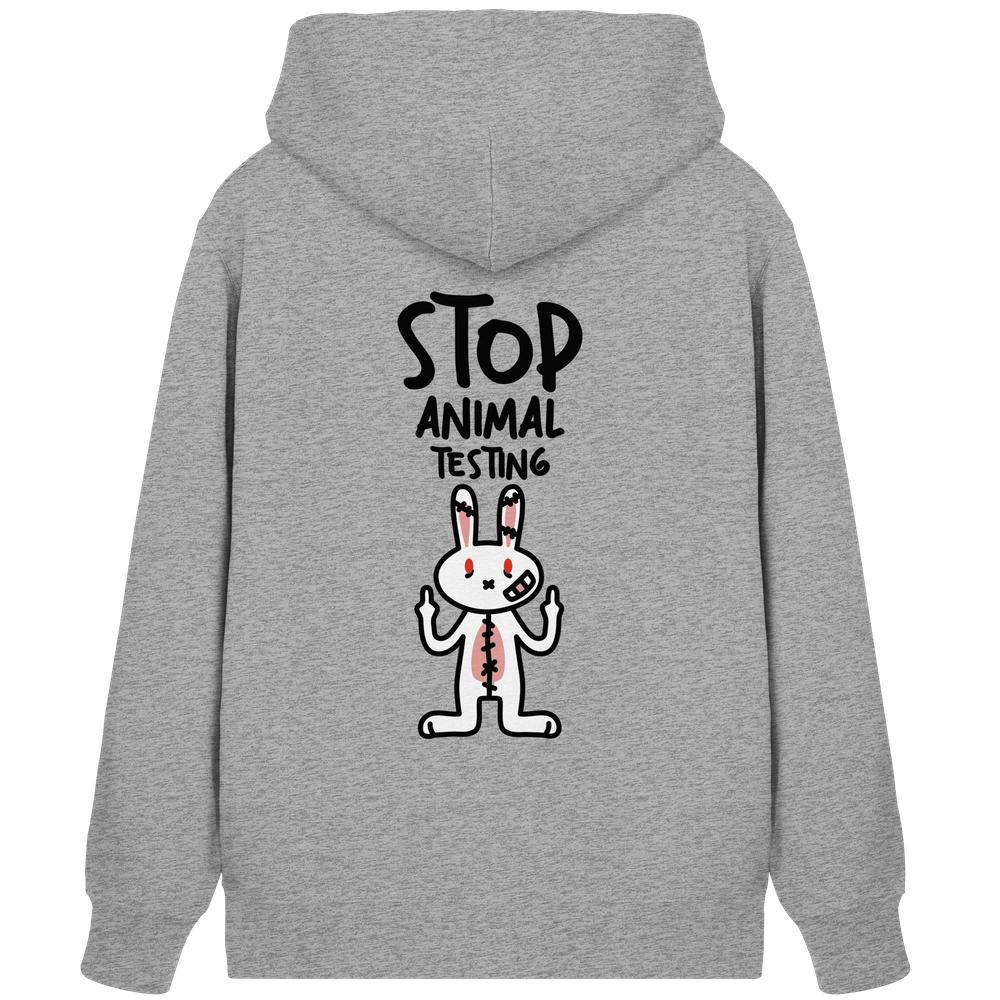 Reißverschluss-Hoodie in Hellgrau meliert mit Kapuze und „Stop Animal Testing“-Kaninchenmotiv