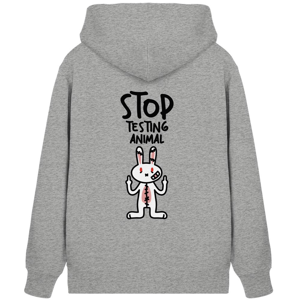 Vegan und Bio Zipper Hoodie: Angry Rabbit - Animal Rights mit wütendem Cartoon-Laborhäschen und STOP TESTING ANIMAL-Text auf der Rückseite, rebellisches Design gegen Tierversuche.
