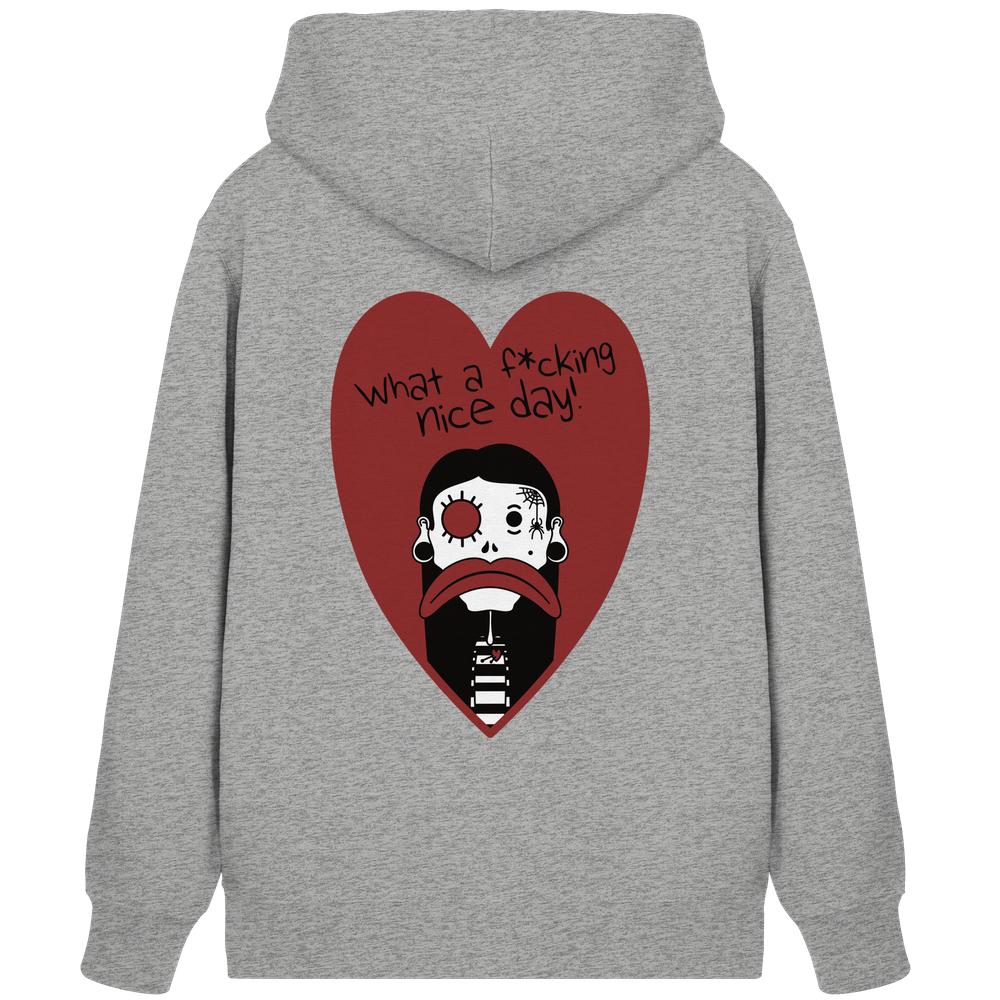 Kapuzen-Sweatshirt (meliert grau) mit rotem Herz-Print und trauriger Figur auf der Rückseite