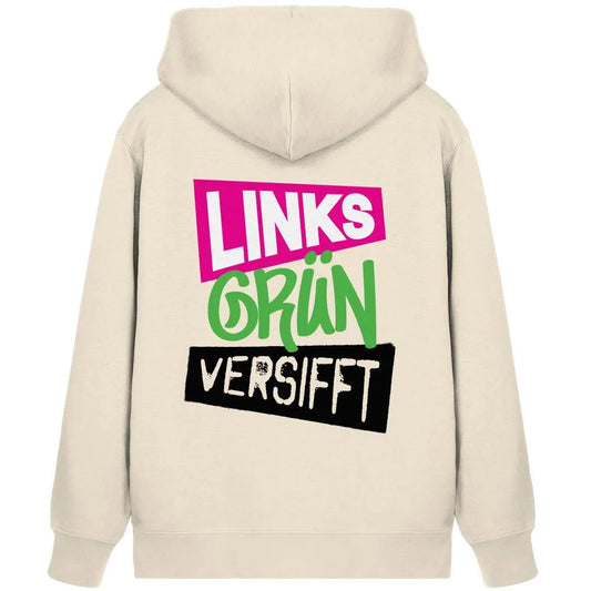 Hellbeiger Kapuzenpullover mit großem mehrfarbigem Frontprint und Kängurutasche