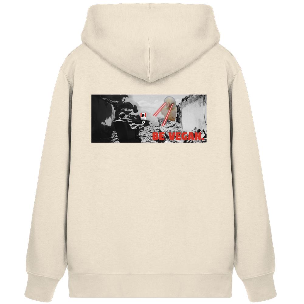 Rückseite des Vegan und Bio Zipper Hoodie: BE VEGAN. - Angry bird mit Grafik eines Menschen vor riesigem Kükenkopf, der Laserstrahlen schießt, und „BE VEGAN!“ Schriftzug.