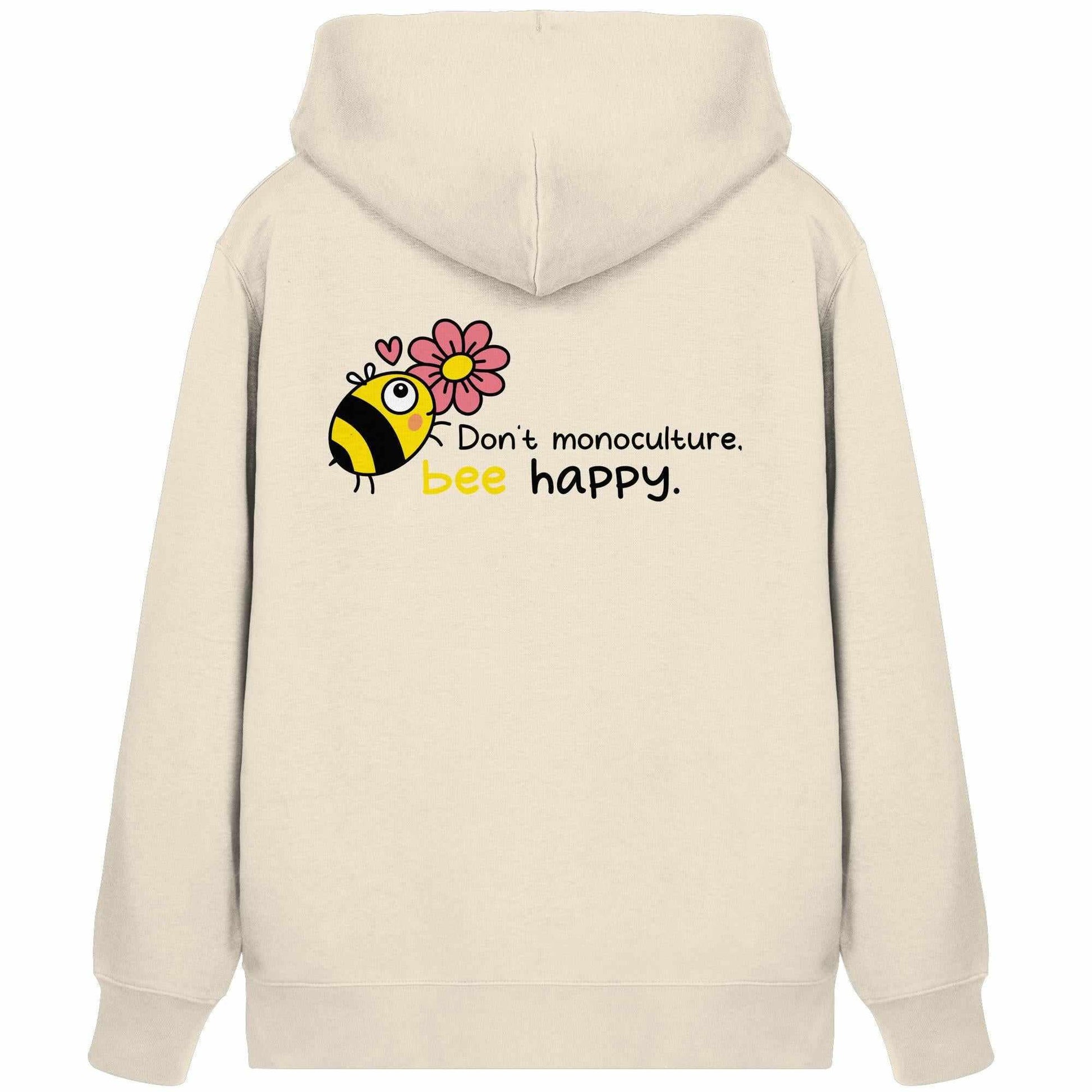 Vegan und Bio Zipper Hoodie: Save the bees – Weißer Hoodie mit einem Cartoon-Biene-und-Blumen-Motiv, symbolisiert Nachhaltigkeit und Naturschutz.