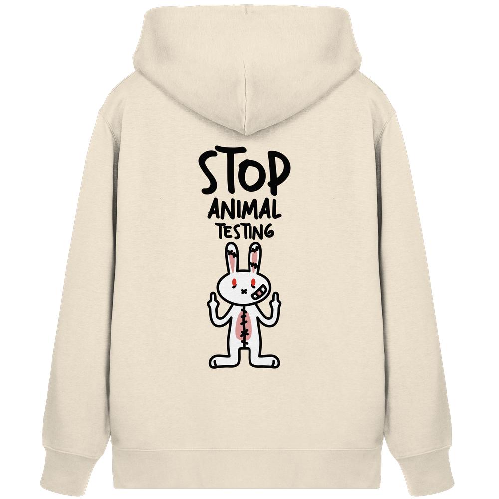 Reißverschluss-Hoodie in Natur/Ecru mit Kapuze und „Stop Animal Testing“-Aufdruck mit Kaninchen