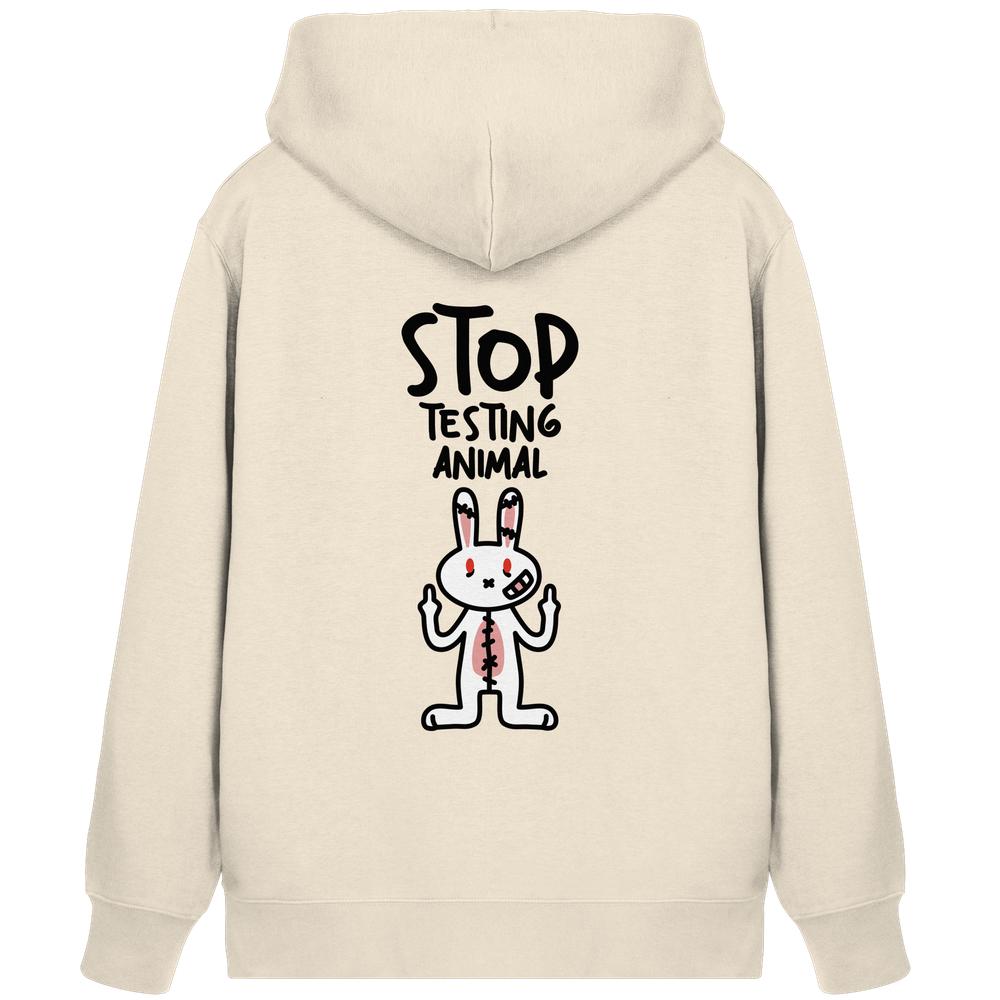 Rückseite des Vegan und Bio Zipper Hoodie: Angry Rabbit - Animal Rights mit gezeichnetem Hasen, der gegen Tierversuche protestiert. Enthält Bio-Baumwolle, nachhaltiges Design.