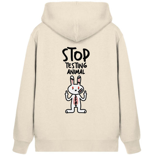 Rückseite des Vegan und Bio Zipper Hoodie: Angry Rabbit - Animal Rights mit gezeichnetem Hasen, der gegen Tierversuche protestiert. Enthält Bio-Baumwolle, nachhaltiges Design.