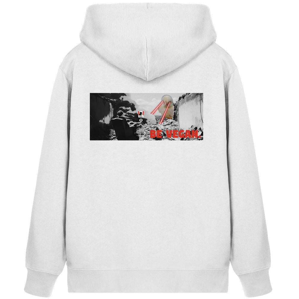 Vegan und Bio Zipper Hoodie: BE VEGAN. - Angry bird, zeigt ein post-apokalyptisches Wandmotiv mit humanoider Gestalt und roten Laserstrahlen, BE VEGAN! in Rot darüber.