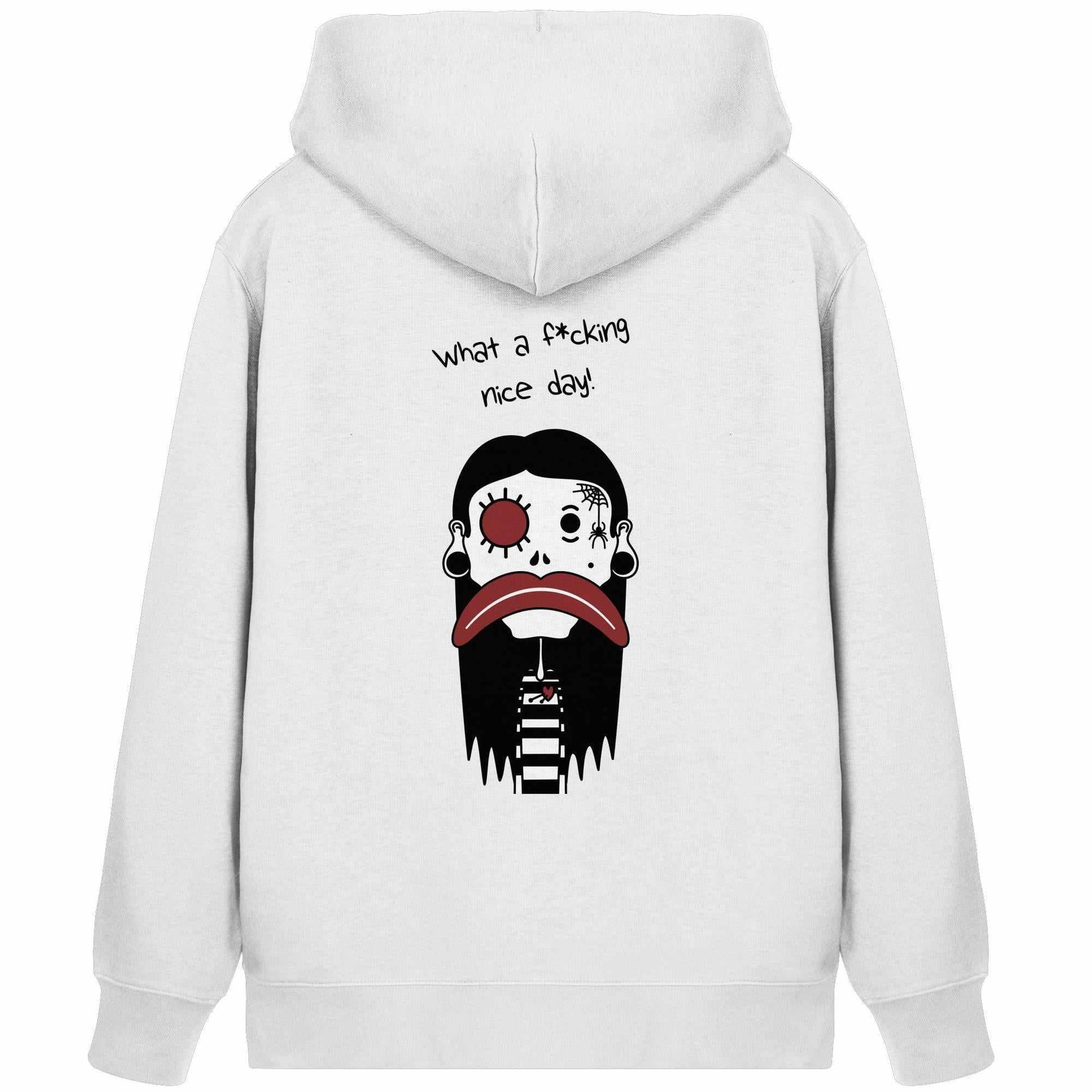 Vegan und Bio Zipper Hoodie: Mental health – Bad Day, mit Cartoonfigur und Kängurutasche, aus Biobaumwolle und recyceltem Polyester, rebellisches Design von RUDE REBEL.