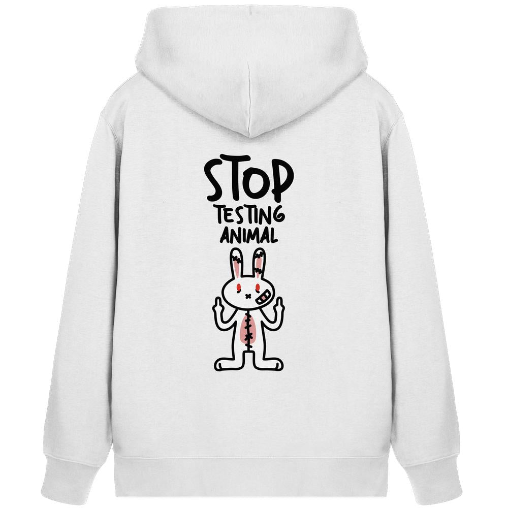 Vegan und Bio Zipper Hoodie: Angry Rabbit - Animal Rights zeigt wütendes Cartoon-Kaninchen mit Stichen, roter Augen, Mittelfinger und STOP TESTING ANIMAL Slogan auf hellgrauem Hoodie-Rücken.