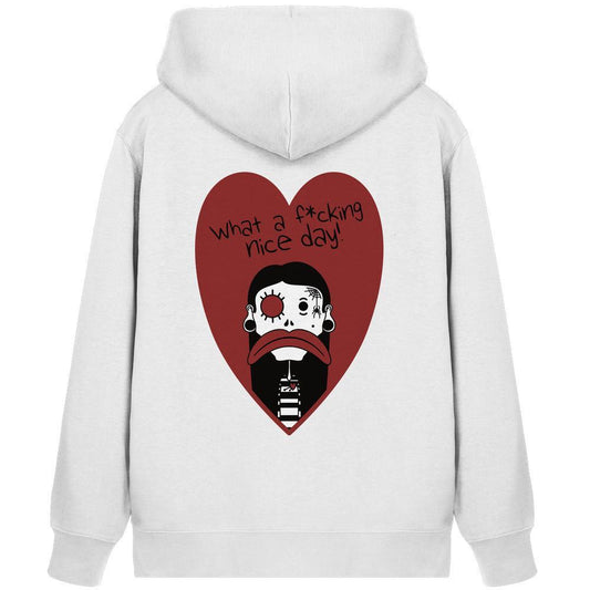 Kapuzen-Sweatshirt (weiß) mit rotem Herz-Print und trauriger Figur auf der Rückseite