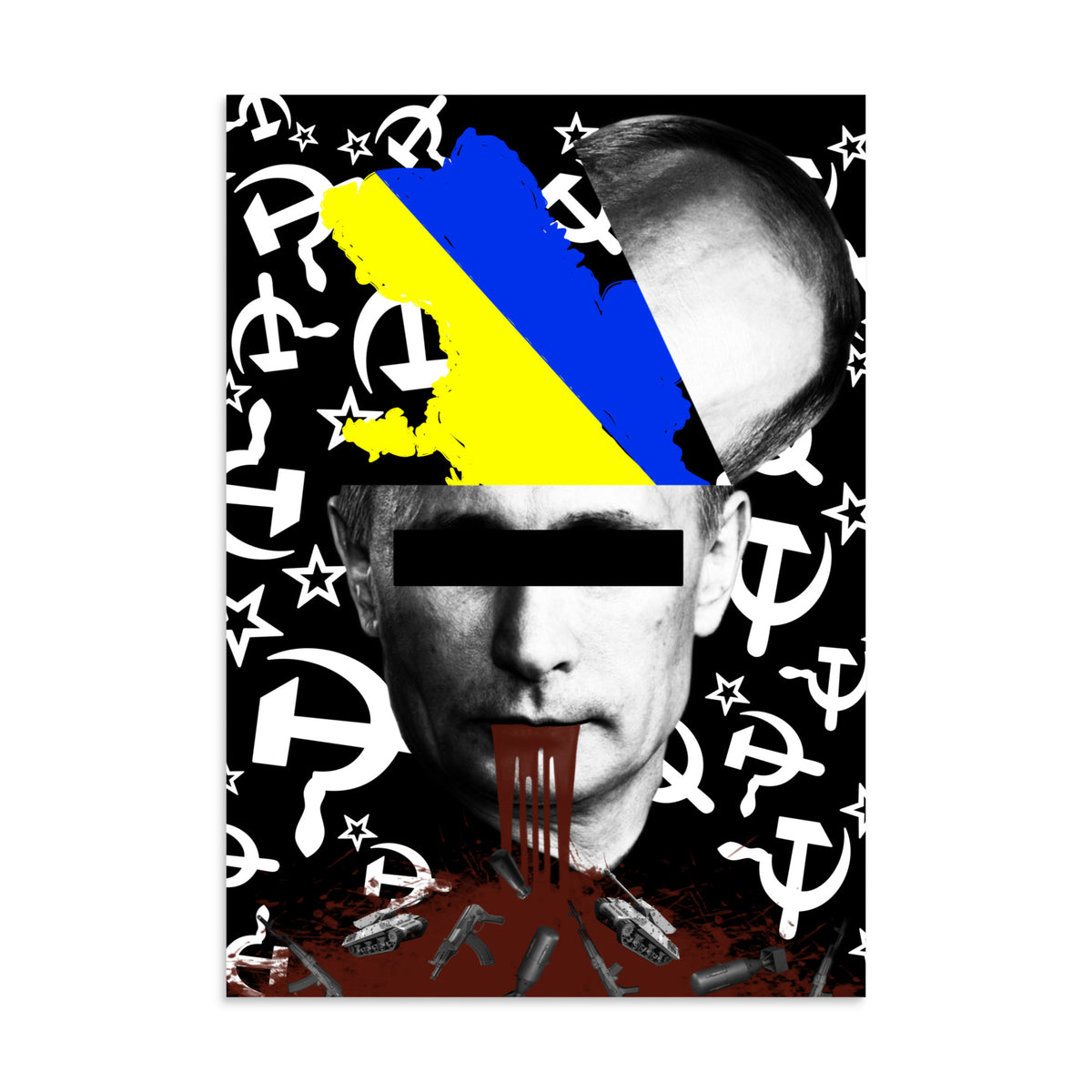 Poster mit Porträtgesicht, diagonaler gelb-blauer Flagge und abstrakten Schriftzeichen
