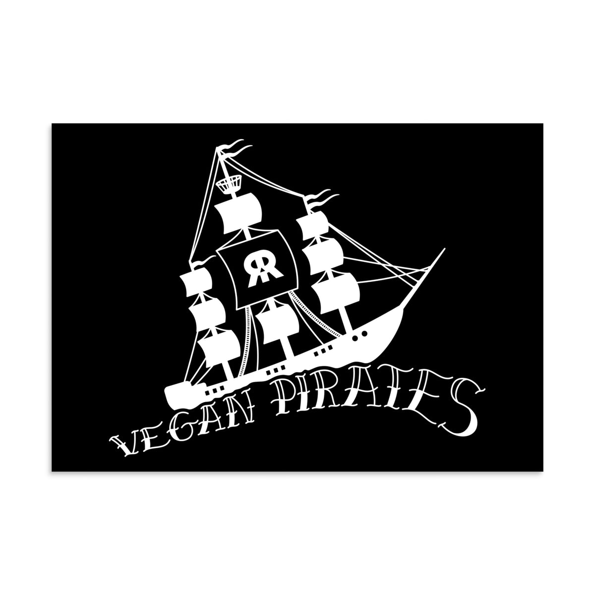 Veganes Poster mit Piratenschiff-Illustration und Aufschrift „VEGAN PIRATES“