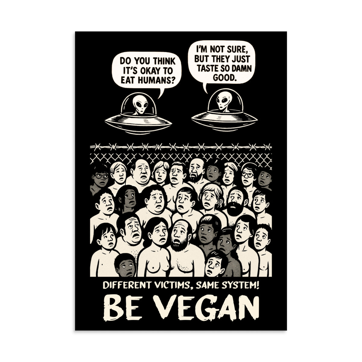 Poster „BE VEGAN“ mit Alien-Illustrationen und Sprechblasen