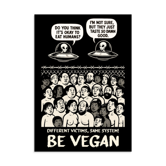 Poster „BE VEGAN“ mit Alien-Illustrationen und Sprechblasen