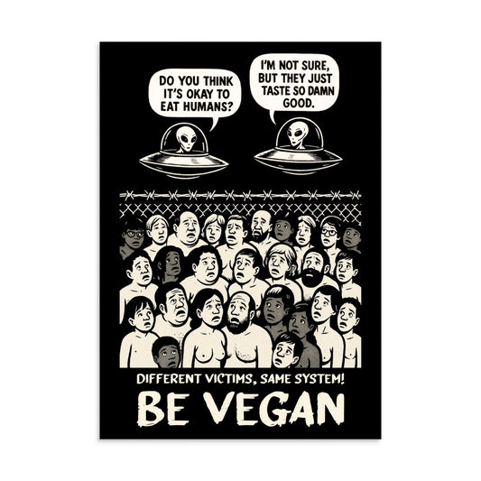 Veganes Poster mit Cartoon-Aliens und Sprechblasen, unten Aufschrift „BE VEGAN“