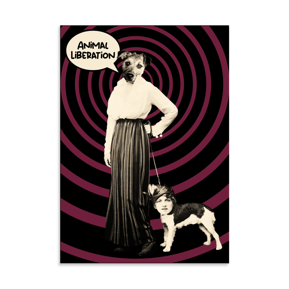 Poster mit Hündin, Frauensilhouette und Welpen vor Spiral-Hintergrund; Aufdruck „ANIMAL LIBERATION“
