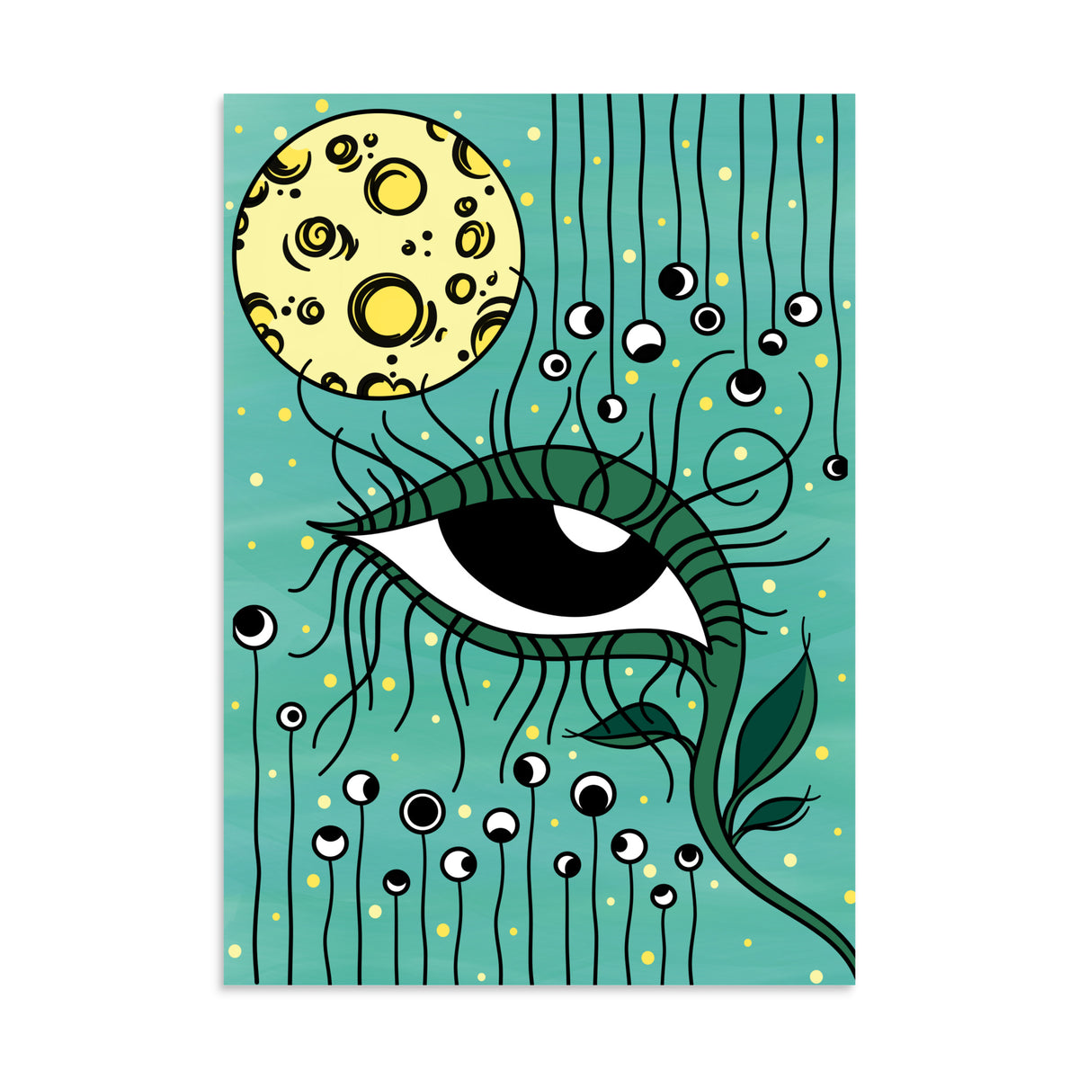 Veganes Poster mit stilisierter Augenpflanze, Mond, Pflanzen und Sprenkeln