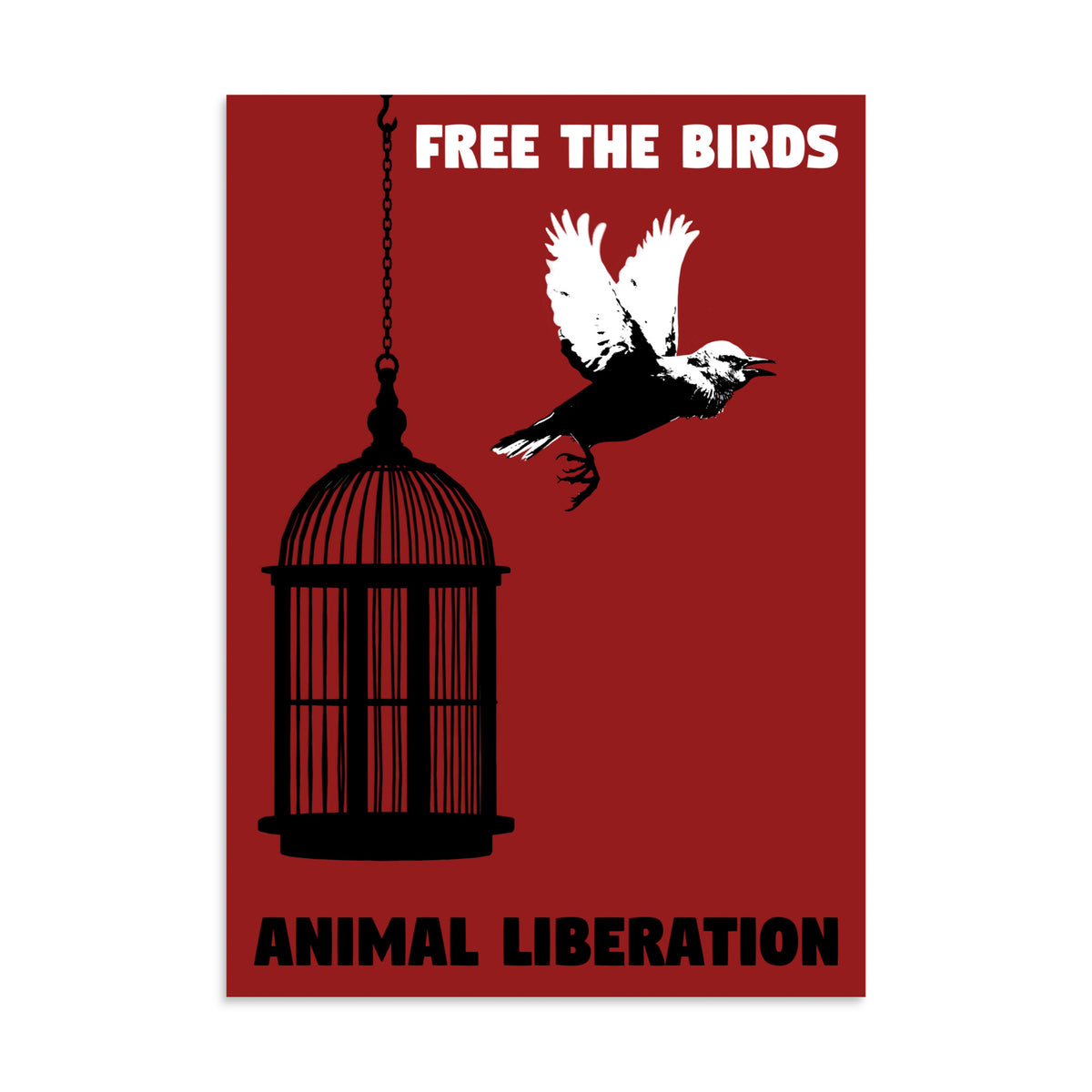 Veganes Poster mit Vogel im Flug, Käfig und Text „FREE THE BIRDS“
