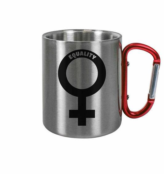 Vegan und Öko Outdoor Edelstahl Tasse mit Karabiner, zeigt ein Venussymbol, symbolisiert feministische Gleichberechtigung. Bruchfest, rostfrei, ideal für nachhaltige Abenteuer.