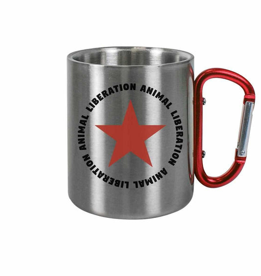 Vegan und Öko Outdoor Edelstahl Tasse mit Karabiner: Red Star - Animal Liberation, glänzend, bruchfest, mit rotem Karabinergriff und rotem Sternmotiv.