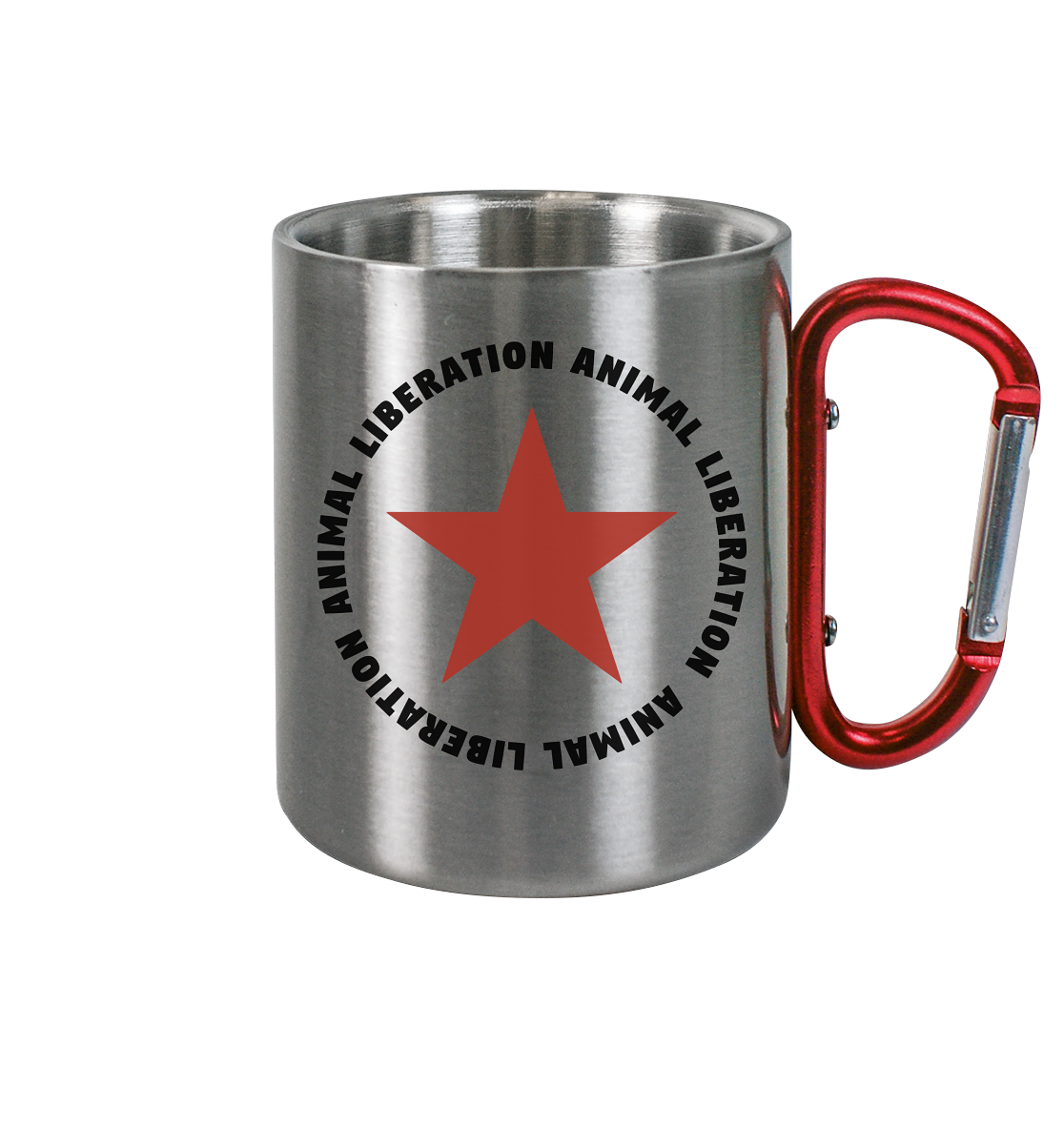 Vegan & Eco Outdoor Edelstahltasse mit Karabiner: Red Star - Animal Liberation (bedruckt mit großem roten Stern und Schriftzug darum, Vegan Merch, Veganismus, Animal Rights)