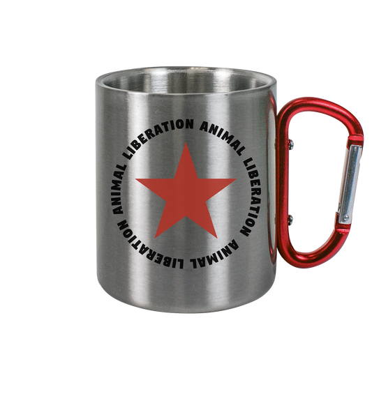 Vegan & Eco Outdoor Edelstahltasse mit Karabiner: Red Star - Animal Liberation (bedruckt mit großem roten Stern und Schriftzug darum, Vegan Merch, Veganismus, Animal Rights)