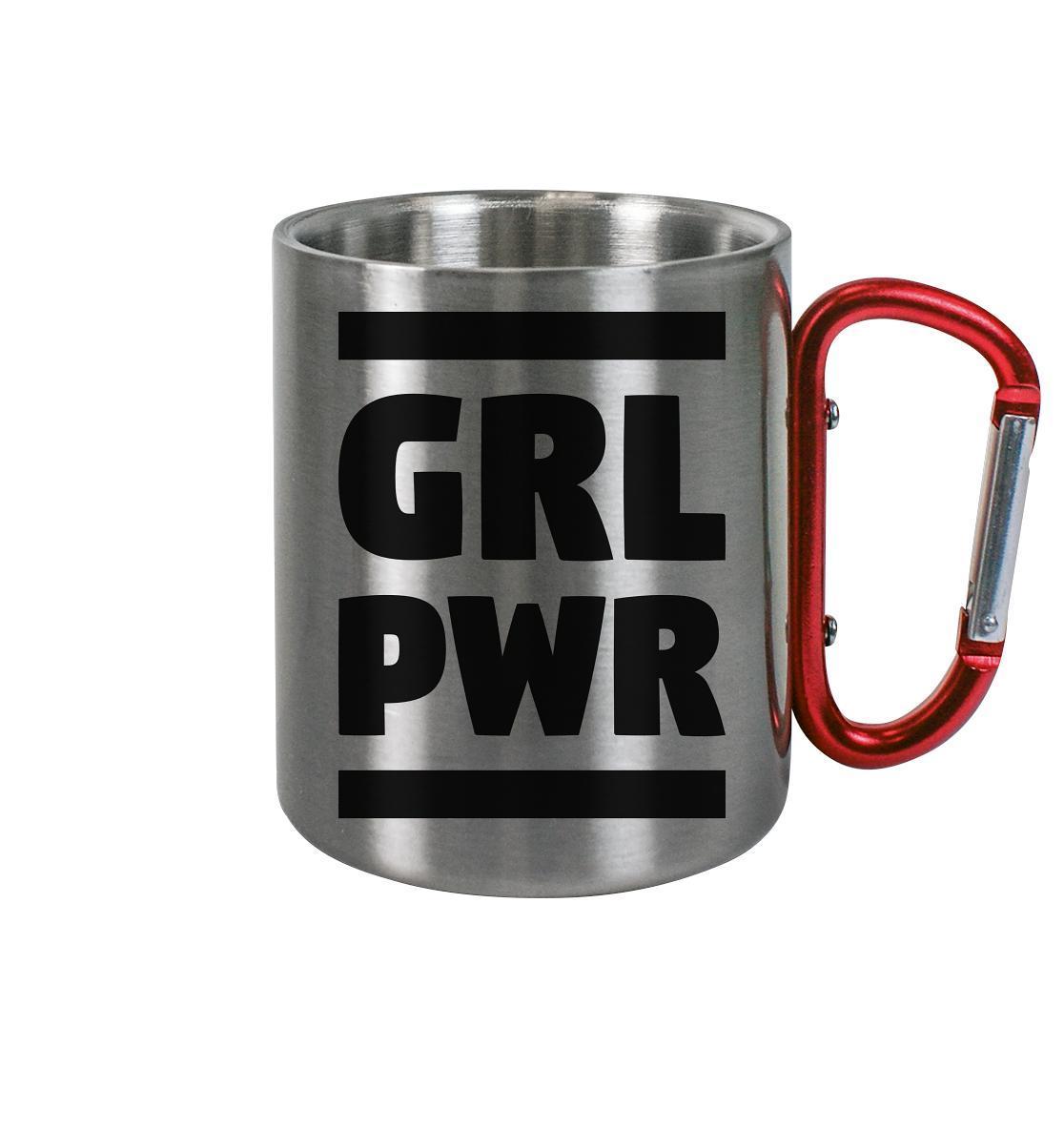 Vegan und Öko Outdoor Edelstahl Tasse mit Karabiner, GIRL POWER Design. Metallisch, roter Griff, robust, spülmaschinenfest, 330 ml, feministisches Statement.