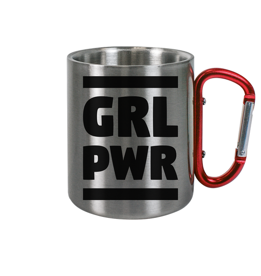 Vegan & Eco Outdoor Edelstahltasse mit Karabiner: GIRL POWER - Design mit feministischer Message (bedruckt mit GIRL POWER ohne Vokale und zwei fette Balken, Feminismus Merch, feministische Prints, feministische Kleidung, Gleichberechtigung für Frauen) in silber