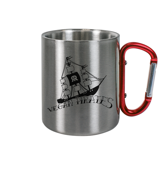 Vegan & Eco Outdoor Edelstahltasse mit Karabiner: Vegan Pirates (bedruckt mit Piratenschiff und den Schriftzug "Vegan Pirates" in Wellenform, alles in schwarz, Veganismus, Tierrechte)