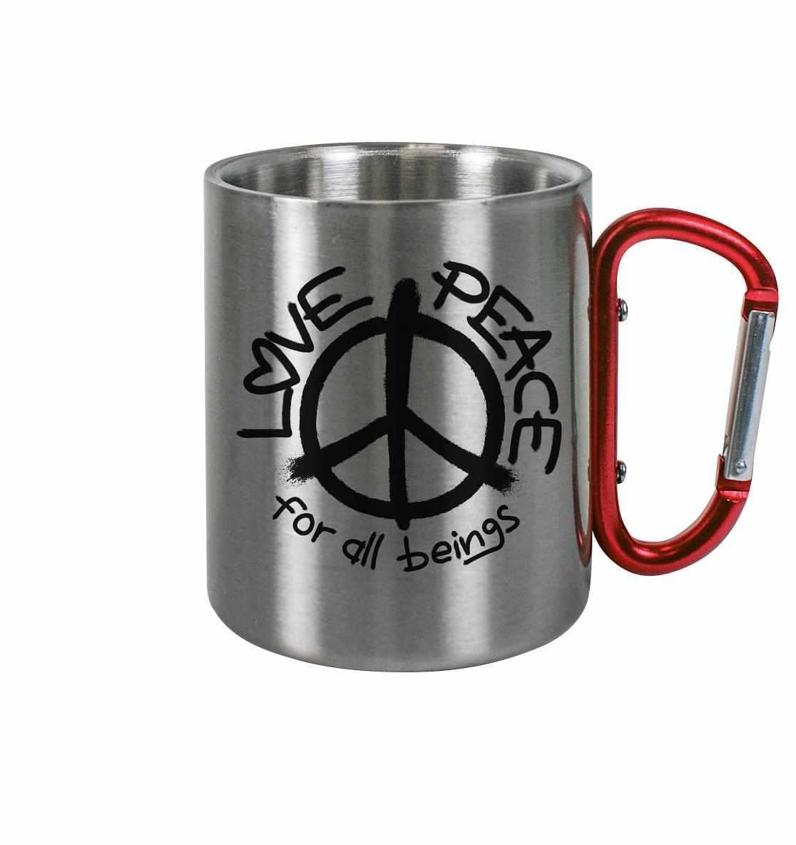 Vegan und Öko Outdoor Edelstahl Tasse mit Karabiner, LOVE and PEACE, mit rotem Griff und Friedenszeichen auf glänzender Oberfläche. Ideal für umweltbewusste Outdoor-Aktivitäten.