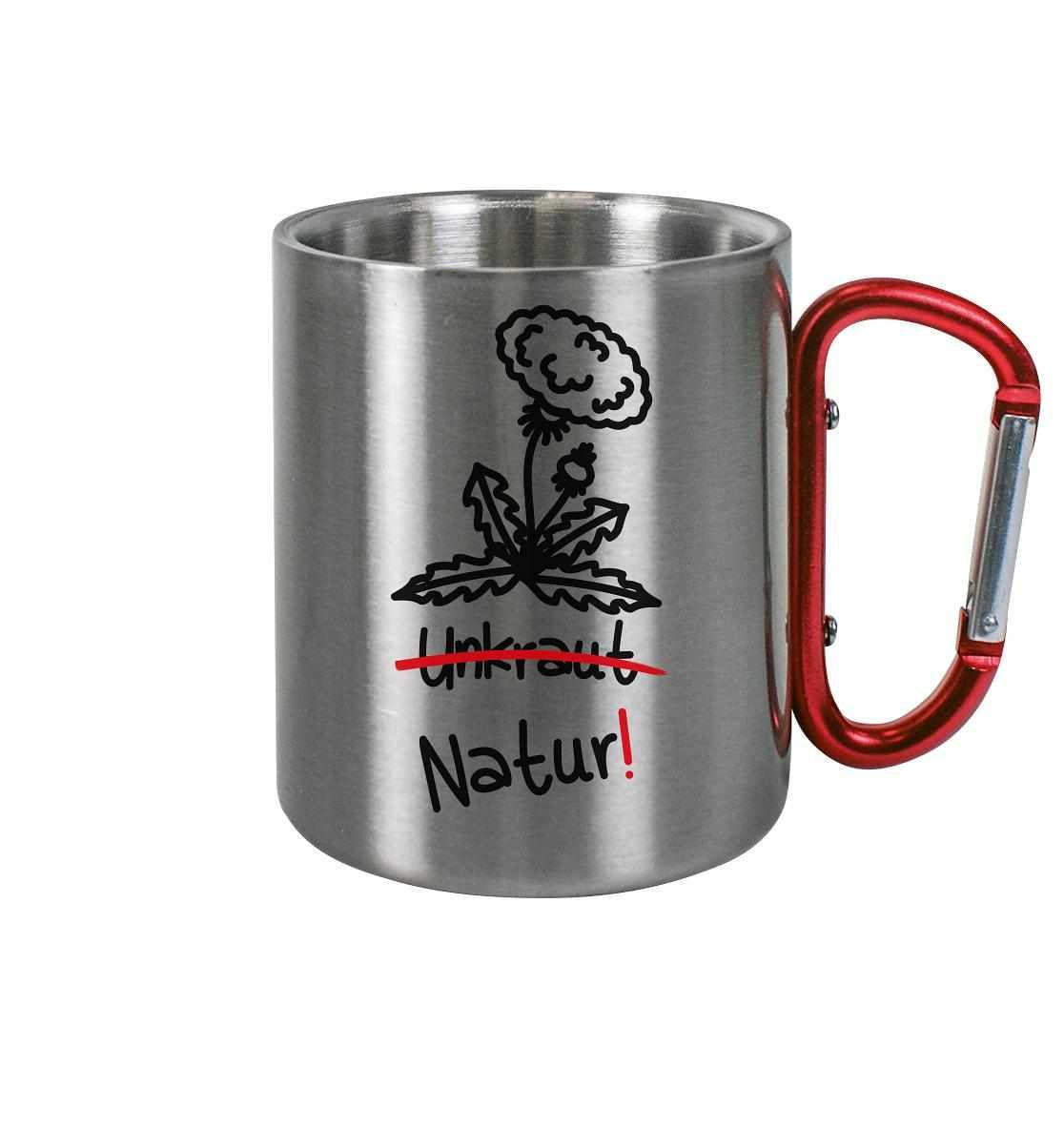 Silberne Edelstahl-Tasse mit Karabiner, Löwenzahn-Motiv und Aufschrift „Natur!“
