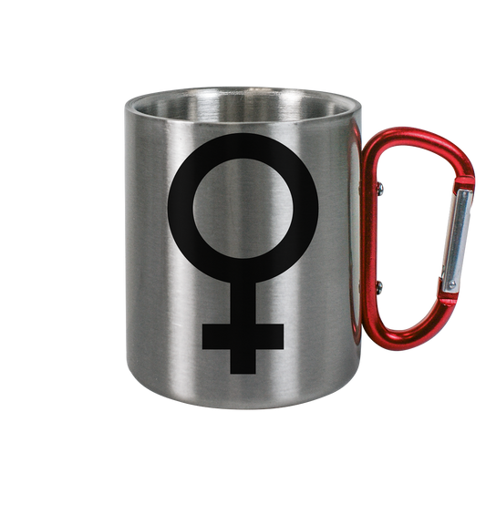 Vegan & Eco Outdoor Edelstahltasse mit Karabiner: Das Venus Symbol als Zeichen für den Feminismus (bedruckt mit Weiblichkeitssymbol Venus in der Mitte Feminismus Merch, feministische Kleidung, Matriarchat) in silber