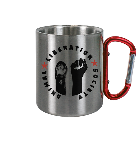 Vegan & Eco Outdoor Edelstahltasse mit Karabiner: Raise paw and fist for Animal Liberation! (bedruckt in schwarz rot, Menschenhand und Katzenpfote, darum Schriftzug und rote Sterne, Tierrechte, Befreiung der Tiere)