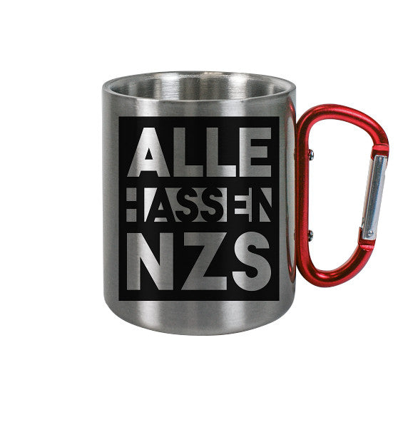 Edelstahl Campingbecher mit rotem Karabinergriff, schwarzem Quadrat und weißem Schriftzug ALLE HASSEN NZS! von RUDE REBEL, Ausdruck einer veganen und nachhaltigen Marke.