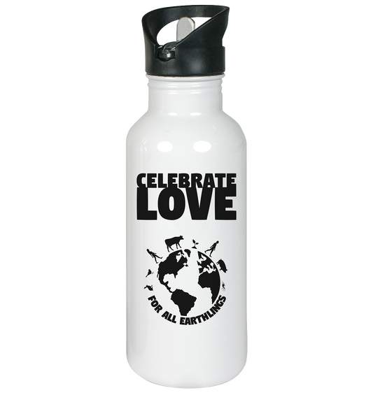 Vegan & Eco Edelstahl Trinkflasche: Celebrate Love For All Earthlings (weiße Flasche mit schwarzem Deckel und Druck Schriftzug mit Erde und all ihren Lebewesen, Naturschutz, Tierschutz, Umweltschutz)