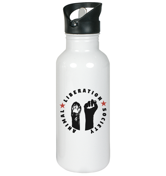 Vegan & Eco Edelstahl Trinkflasche: Raise paw and fist for Animal Liberation! (bedruckt in schwarz rot, Menschenhand und Katzenpfote, darum Schriftzug und rote Sterne, Tierrechte, Befreiung der Tiere)