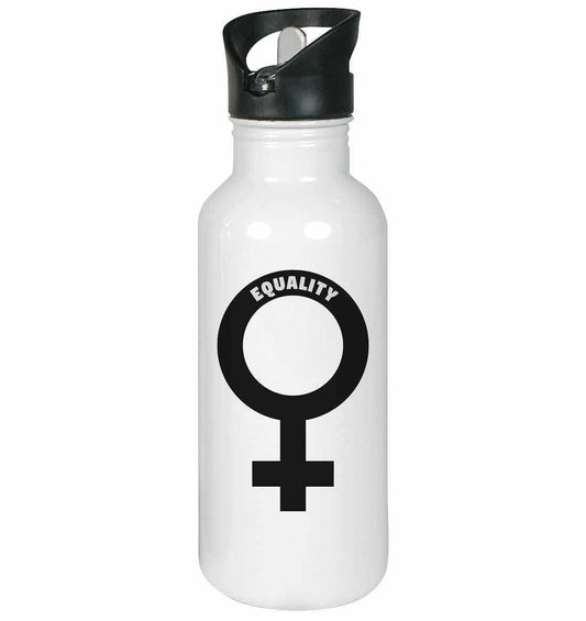 Vegan und Öko Edelstahl-Trinkflasche mit Venussymbol und feministischer Botschaft, schwarzer Deckel, klappbares Mundstück, integrierter Trinkhalm, 600 ml Fassungsvermögen.