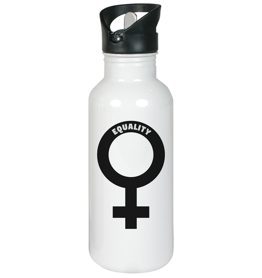 Vegan & Eco Edelstahl Trinkflasche: Das Venussymbol mit feministischer Message (bedruckt mit Venus Symbol und dem Schriftzug "Equality", feministische Shirts, Feminismus, Feminismus Merch, feministische Kleidung, gegen das Patriarchat) in weiß