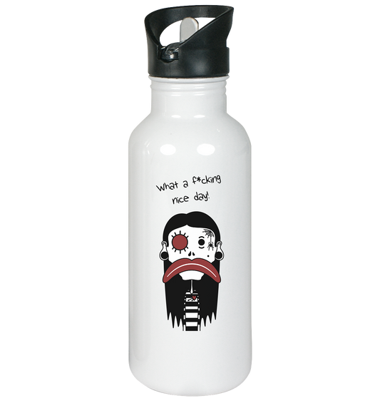 Vegan & Eco Edelstahl Trinkflasche: Emo Girl im Gothic Style (weiße Trinkflasche mit schwarzem Deckel und integriertem Strohhalm mit Design, schwarz-weiß-rotes Mädchen im Comicstil und Schriftzug)