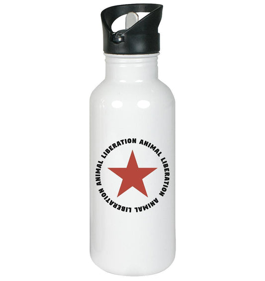 Vegan und Öko Edelstahl-Trinkflasche: Red Star - Animal Liberation, weiße Flasche mit rotem Stern, schwarzem Deckel, klappbarem Mundstück und integriertem Trinkhalm, 600 ml Fassungsvermögen.