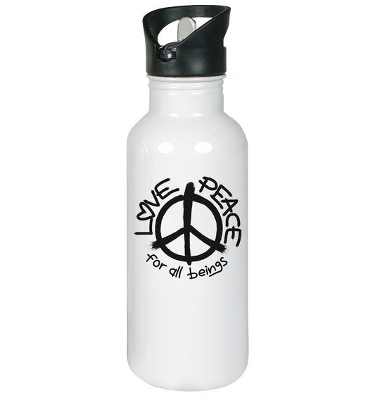 Vegan & Eco Edelstahl Trinkflasche: LOVE and PEACE for all beings (großes Peacezeichen in der Mitte in Graffiti Optik, mit den Wörtern Love und Peace darum in schwarzer Schrift)