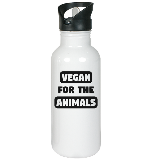 Vegan & Eco Edelstahl Trinkflasche: VEGAN FOR THE ANIMALS (bedruckt mit schwarzem Schriftzug in Großbuchstaben, Tierrechte, Veganismus, Tierschutz, weiße Flasche mit schwarzem Verschluss und integriertem Strohhalm)