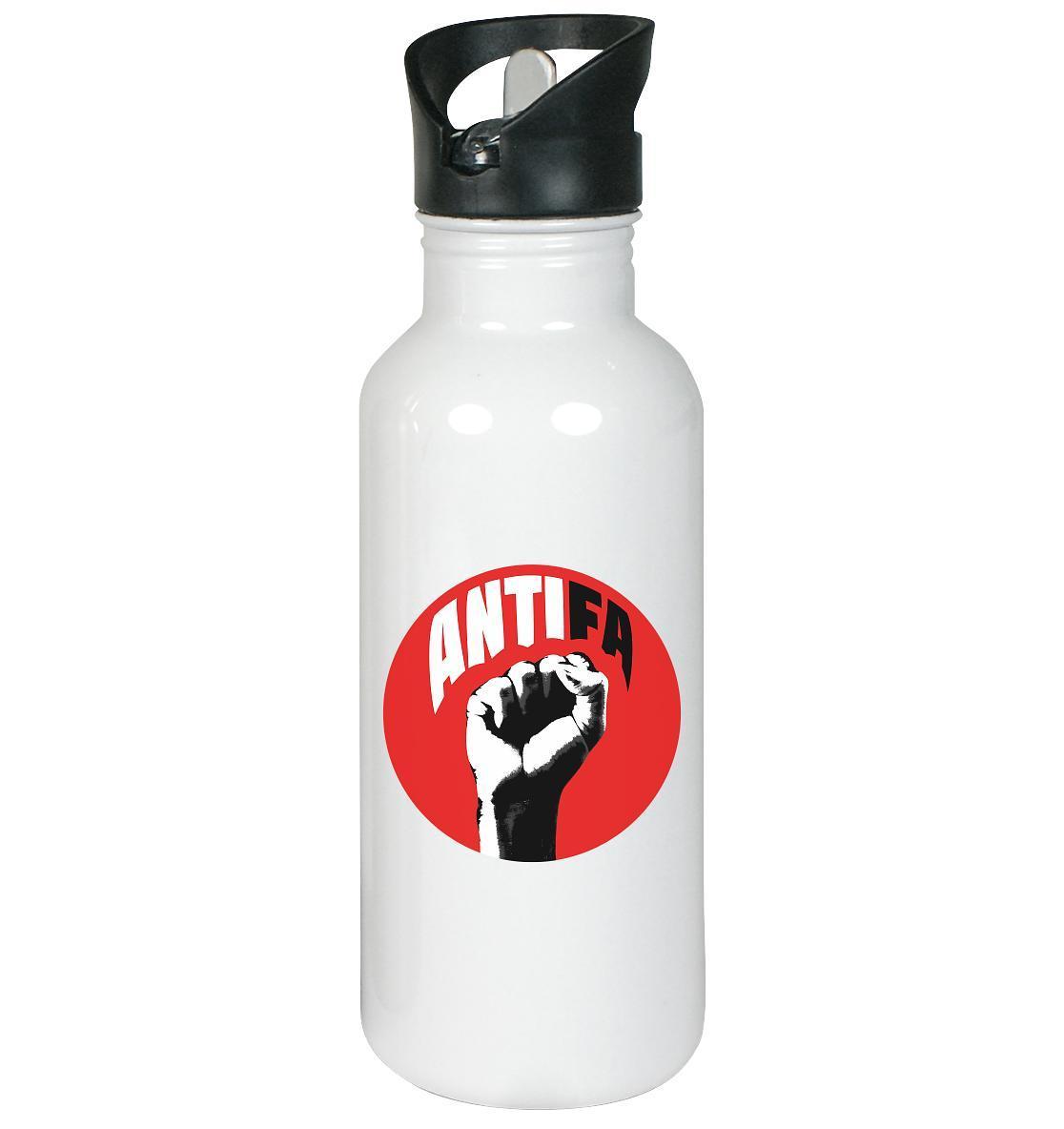 Vegan und Öko Edelstahl-Trinkflasche: Antifa - Der Kampf gegen Rechts, mit schwarzem Deckel, rotem Kreis und Faust-Logo, umweltfreundlich und nachhaltig produziert.