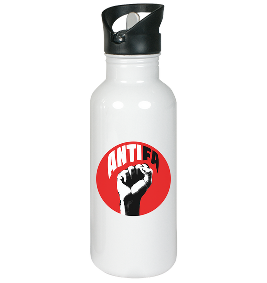 Vegan & Eco Edelstahl Trinkflasche: Antifa - Gemeinsam gegen Rechts (bedruckt mit stilisierter Faust und darüber das Wort ANTIFA in fetter Schrift, alles in schwarz weiß, auf rotem runden Hintergrund, antifa merch, Antifaschistische Kleidung, Kleidung gegen Rechtsextremismus) in weiß