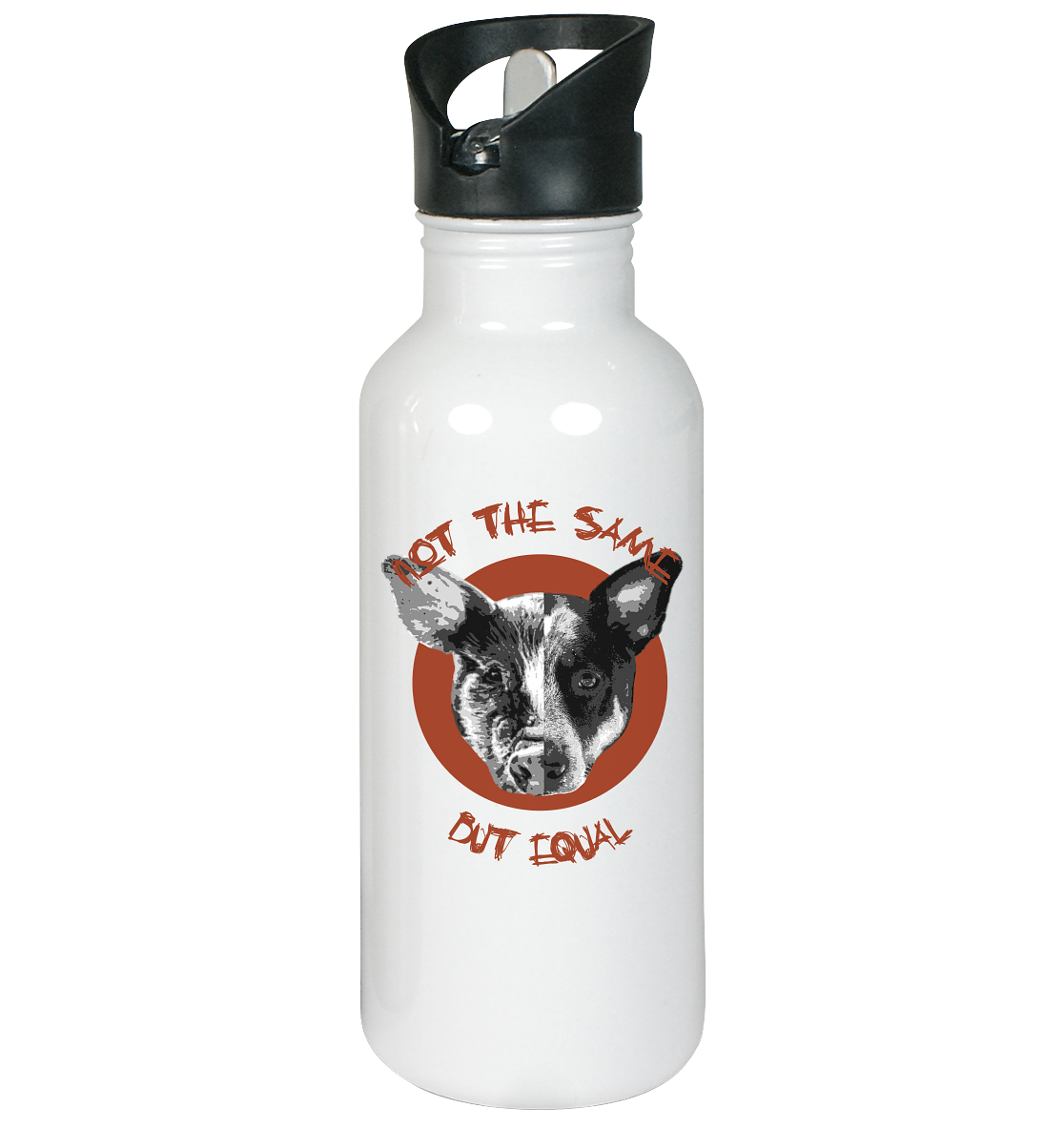 Vegan & Eco Edelstahl Trinkflasche: Pig - Dog “Not the same but equal” (bedruckt mit geteilter Schweine bzw Hundekopf, um Ähnlichkeit zu verdeutlichen in Schwarz Weiß Grau Tönen vor rotem Kreis Hintergrund und Schriftzug, Veganismus, Tierschutz, Animal Equality)