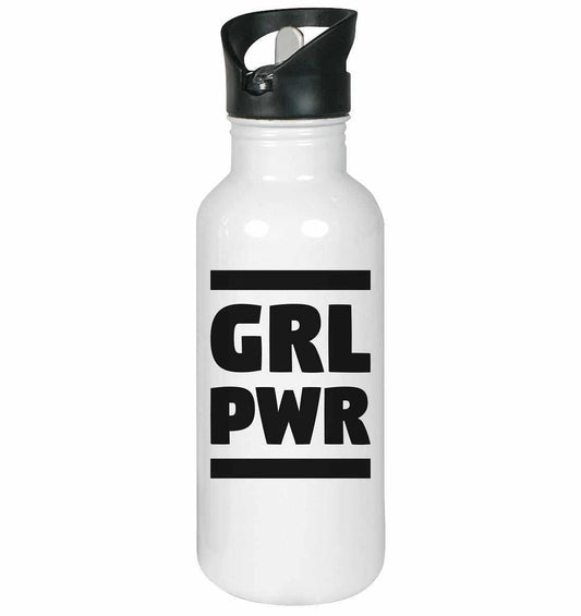 Vegan und Öko Edelstahl-Trinkflasche: GIRL POWER mit feministischer Message, weiß mit schwarzem Deckel, klappbarem Mundstück und integriertem Trinkhalm. Fassungsvermögen: 600 ml.