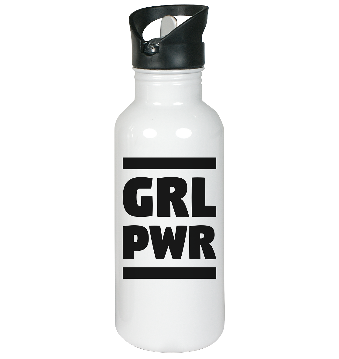 Vegan & Eco Edelstahl Trinkflasche: GIRL POWER - Design mit feministischer Message (bedruckt mit GIRL POWER ohne Vokale und zwei fette Balken, Feminismus Merch, feministische Prints, feministische Kleidung, Gleichberechtigung für Frauen) in weiß