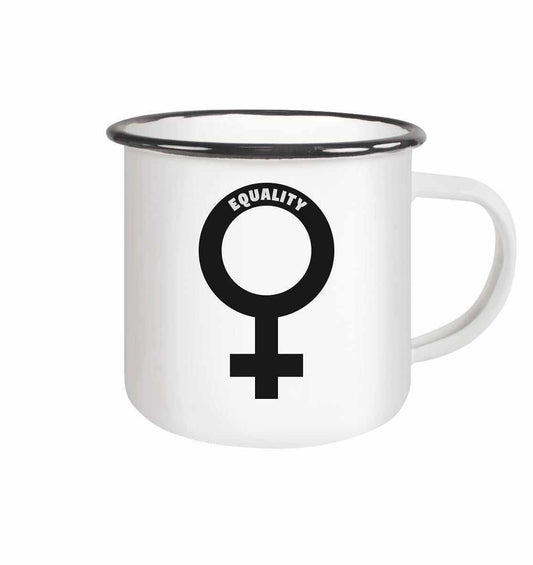 Vegan und Öko Emaille Tasse mit schwarzem Rand, Venussymbol und feministischer Botschaft, weiß, glänzend, 300 ml Kapazität, repräsentiert Gleichberechtigung und Nachhaltigkeit.