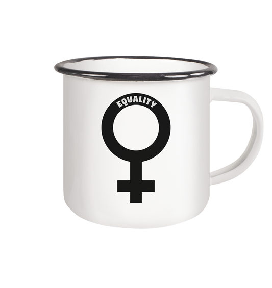 Vegan & Eco Emaille Tasse: Das Venussymbol mit feministischer Message (bedruckt mit Venus Symbol und dem Schriftzug "Equality", feministische Shirts, Feminismus, Feminismus Merch, feministische Kleidung, gegen das Patriarchat) in weiß