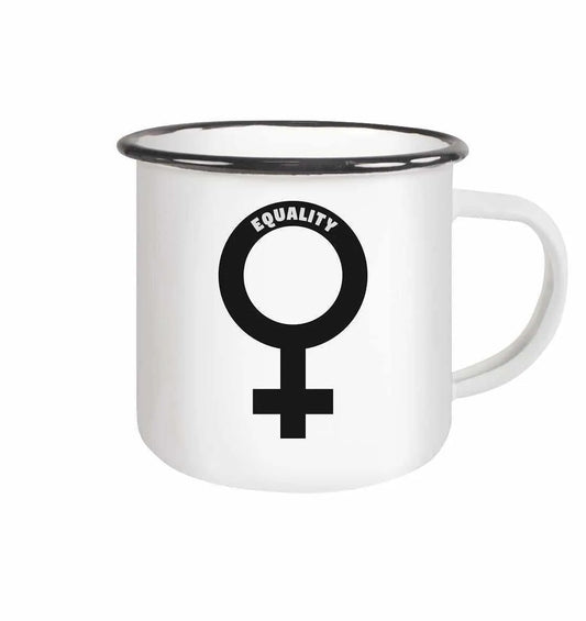 Weiße Emaille-Tasse mit schwarzem Frauenzeichen und Aufdruck „EQUALITY“