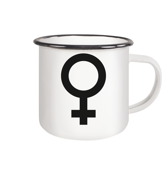 Vegan & Eco Emaille Tasse: Das Venus Symbol als Zeichen für den Feminismus (bedruckt mit Weiblichkeitssymbol Venus in der Mitte Feminismus Merch, feministische Kleidung, Matriarchat) in weiß